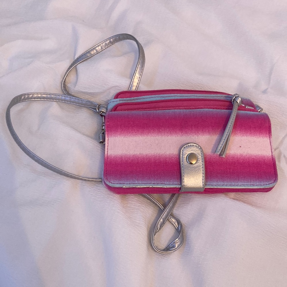 Pink white and blue purse with wallet